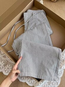 Selianne 女士黑白条纹系带腰袋长款阔腿裤，优雅精致，适合生日礼物、约会、派对、情人节、狂欢节、聚会、音乐节、旅行、街拍、夏季穿搭、夏季长裤，夏季必备时尚单品，小众设计，百搭黑白阔腿裤 - 黑與白 - 查看 1