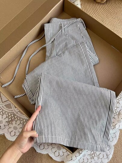 Selianne Calça Pantalona Preta e Branca com Amarração na Cintura e Bolsos, Elegante e Sofisticada, Adequada para Presentes de Aniversário, Encontros, Festas, Dia dos Namorados, Carnaval, Reuniões, Festivais de Música, Viagens, Fotografia de Rua, Looks de Verão, Nova Peça Essencial de Moda de Verão, Design de Nicho, Calça Pantalona Preta e Branca Versátil