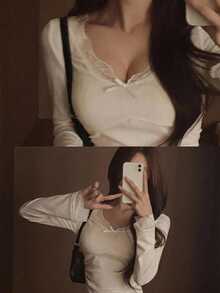 DAZY Textured Fabric Contrast Lace Trim Slim Fit Long Sleeve V-Neck Elegant Romantic Lovely Sexy Vacation Fall Top Women T-Shirt Date Everyday Off-White - White - View 3