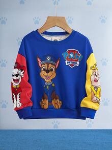 SHEIN | PAW Patrol 男童休闲卡通狗印花圆领宽松撞色拼接针织户外卫衣 - 寶藍色 - 查看 1