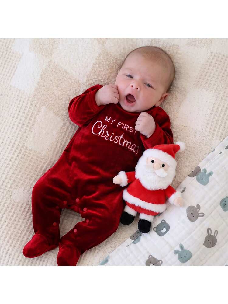 SHEIN Newborn Baby Slogan Embroidered Round Neck Long Sleeve Romper - Red - View 6