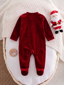SHEIN 新生兒嬰兒口號刺繡圓領長袖連身衣 - 紅色 - 查看 2
