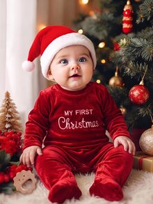 SHEIN 新生兒嬰兒口號刺繡圓領長袖連身衣 - 紅色 - 查看 4