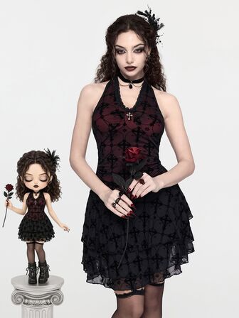 Damen Mini-Kleid mit Neckholder, Kreuz-Schnürung, Dunkelrot, A-Linie, Gothic