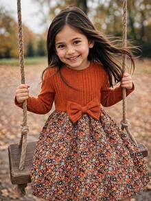 Emery Rose Kids Emery Rose Kids 女童花卉拼接蝴蝶結裝飾洋裝 棕色洋裝 黃色洋裝 秋季風格 秋季洋裝 萬聖節 - 橘色 - 查看 4