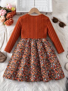 Emery Rose Kids Emery Rose Kids 女童花卉拼接蝴蝶結裝飾洋裝 棕色洋裝 黃色洋裝 秋季風格 秋季洋裝 萬聖節 - 橘色 - 查看 7