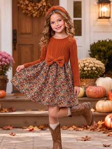 Emery Rose Kids Emery Rose Kids 女童花卉拼接蝴蝶結裝飾洋裝 棕色洋裝 黃色洋裝 秋季風格 秋季洋裝 萬聖節 - 橘色 - 查看 2