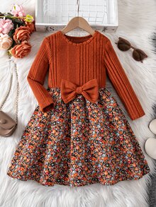 Emery Rose Kids Emery Rose Kids 女童花卉拼接蝴蝶結裝飾洋裝 棕色洋裝 黃色洋裝 秋季風格 秋季洋裝 萬聖節 - 橘色 - 查看 6