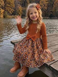 Emery Rose Kids Emery Rose Kids 女童花卉拼接蝴蝶結裝飾洋裝 棕色洋裝 黃色洋裝 秋季風格 秋季洋裝 萬聖節 - 橘色 - 查看 5