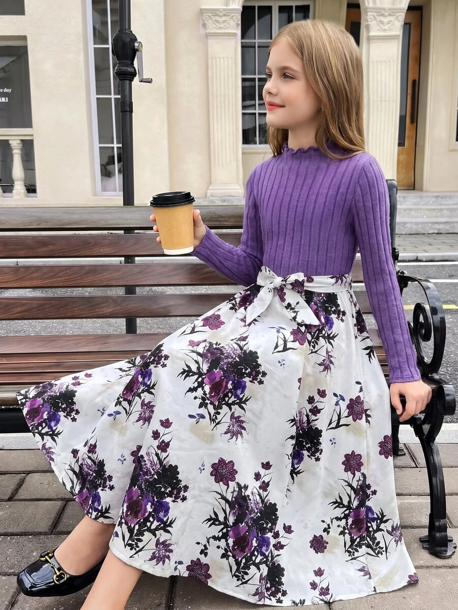SHEIN 少女優雅可愛休閒針織拼接長袖洋裝 紫色花卉款 派對晚宴秋季洋裝 - 紫色 - 查看 1
