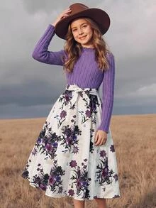 SHEIN 少女優雅可愛休閒針織拼接長袖洋裝 紫色花卉款 派對晚宴秋季洋裝 - 紫色 - 查看 6