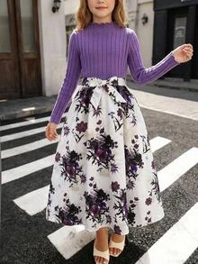 SHEIN 少女優雅可愛休閒針織拼接長袖洋裝 紫色花卉款 派對晚宴秋季洋裝 - 紫色 - 查看 2