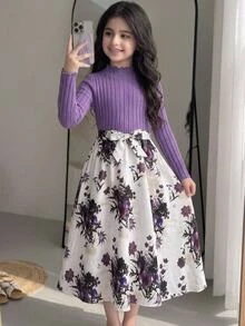 SHEIN 少女優雅可愛休閒針織拼接長袖洋裝 紫色花卉款 派對晚宴秋季洋裝 - 紫色 - 查看 5
