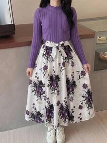 SHEIN 少女優雅可愛休閒針織拼接長袖洋裝 紫色花卉款 派對晚宴秋季洋裝 - 紫色 - 查看 4