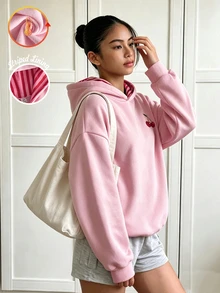 SHEIN Sparklyn 青少年女孩條紋圖案連帽衛衣，可愛上衣，長袖上衣，秋季新款可愛櫻桃圖案粉色條紋內裡套頭衫校園風 - 粉色 - 查看 4