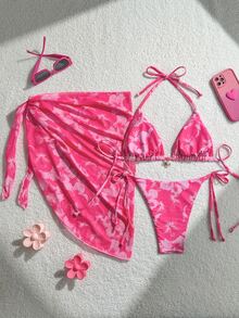 Swim Mod 3pcs/Set Women's Random Print Halter Neck Beach Skirt, Tie-Up Retro Holiday Bikini Set, Summer - Pink - View 5