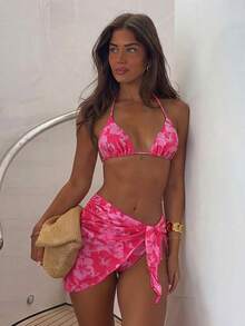 Swim Mod 3pcs/Set Women's Random Print Halter Neck Beach Skirt, Tie-Up Retro Holiday Bikini Set, Summer - Pink - View 4