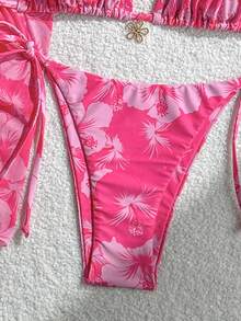 Swim Mod 3pcs/Set Women's Random Print Halter Neck Beach Skirt, Tie-Up Retro Holiday Bikini Set, Summer - Pink - View 7