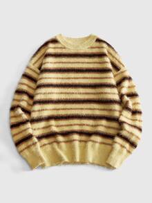 ROMWE MEN Sweater Kasual Pria dengan Motif Garis-Garis Blok Warna, Musim Gugur/Dingin - MultiWarna - View 6