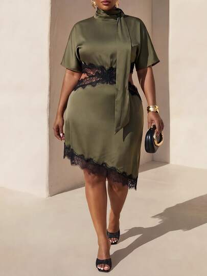 Zivah New Summer/Fall Plus Size Women's Olive Green Short Sleeve Lace Satin Patchwork Waist And Collar Mandarin Tie Neck Detail Dress/Elegant/Festival/Boho