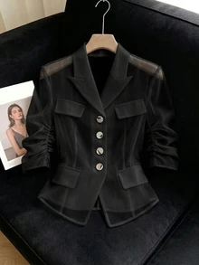 GlowEve Peak Collar Button Front Sheer Lightweight Jacket - Black - View 1