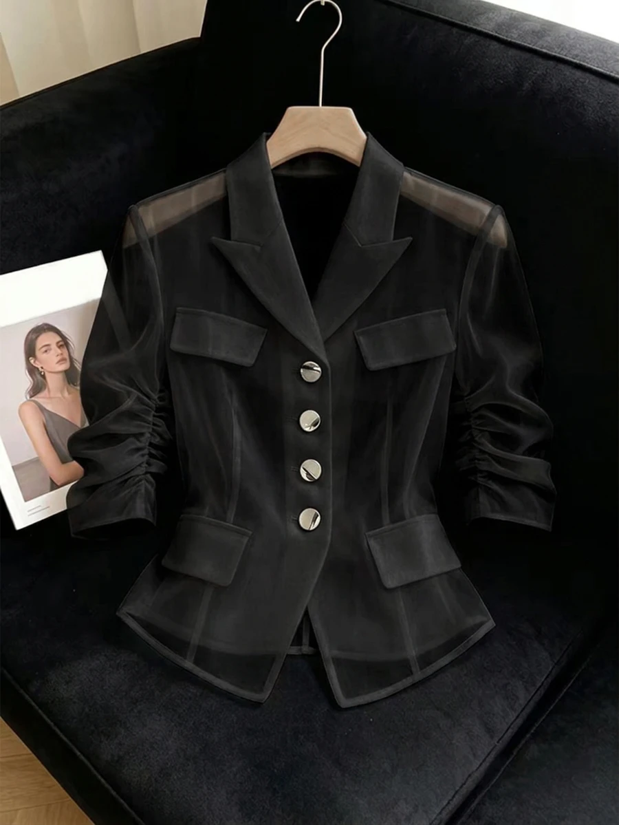 GlowEve Peak Collar Button Front Sheer Lightweight Jacket - Black - View 1