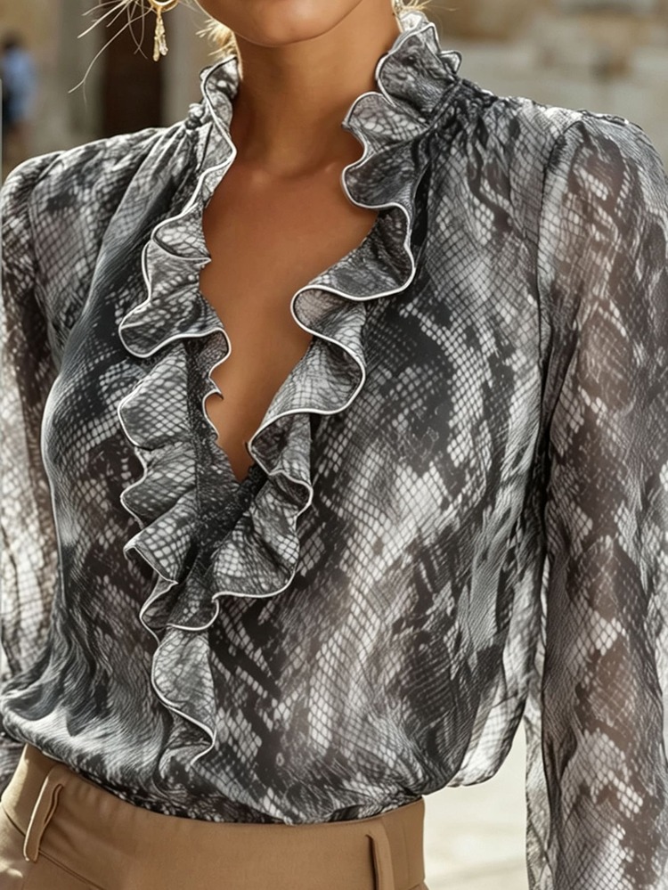 SHEIN Elegant Commuter Fashion Long Sleeve Chiffon Ruffle Loose Brown Animal Leopard Print Women's Blouse Autumn Shirt - Grey - View 4