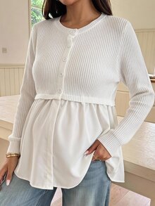 Lyckli Maternity Autumn Casual Solid Color Patchwork 2 In 1 Sweater - White - View 1