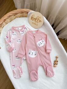 SHEIN Newborn Baby Girl Cartoon Pattern Long Sleeve Loungewear Romper 2pcs Set - Pink - View 7