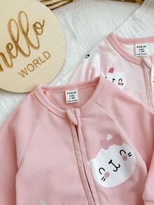 SHEIN Newborn Baby Girl Cartoon Pattern Long Sleeve Loungewear Romper 2pcs Set - Pink - View 3