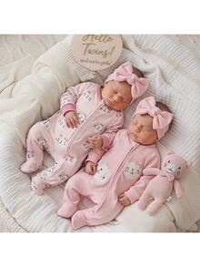 SHEIN Newborn Baby Girl Cartoon Pattern Long Sleeve Loungewear Romper 2pcs Set - Pink - View 6