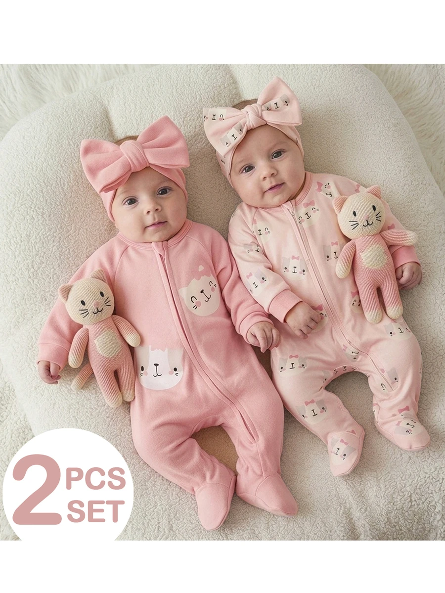 SHEIN Newborn Baby Girl Cartoon Pattern Long Sleeve Loungewear Romper 2pcs Set - Pink - View 1