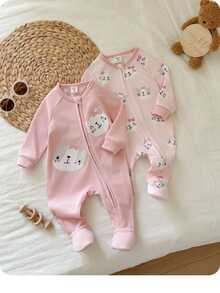 SHEIN Newborn Baby Girl Cartoon Pattern Long Sleeve Loungewear Romper 2pcs Set - Pink - View 4