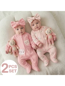 SHEIN Newborn Baby Girl Cartoon Pattern Long Sleeve Loungewear Romper 2pcs Set - Pink - View 8