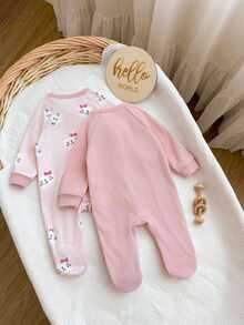 SHEIN Newborn Baby Girl Cartoon Pattern Long Sleeve Loungewear Romper 2pcs Set - Pink - View 2