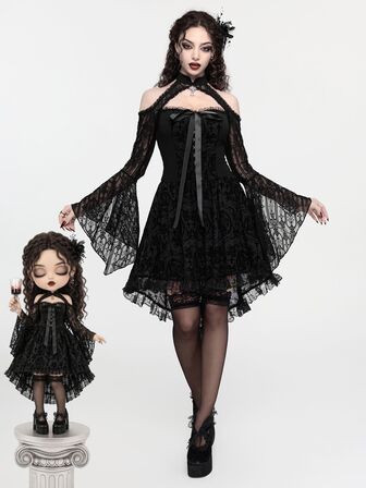 Women's Short Mini Dress Lace Patchwork Goth Palace Style Cutout Halter Neck Off-Shoulder Elegant Exquisite
