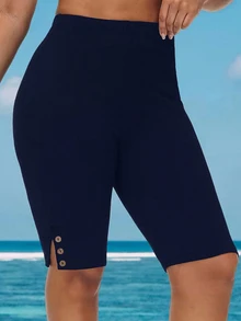 EMERY ROSE Pantalones cortos casuales de talla grande para mujer con diseño de botones de unicolor y cintura alta - Azul Marino - Ver 3