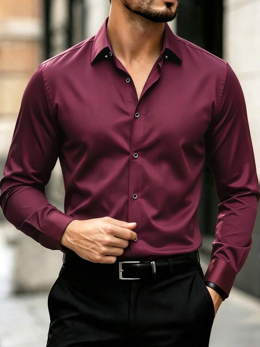 Manfinity Mode Loose Fit Men's White Long Sleeve Shirt, Formal, Old Money - Burgundy - View 1