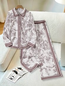 SHEIN 青少年女孩 2件/套 全身印花單排扣長袖襯衫與長褲休閒修身 Katseye 日常穿搭 秋冬返校白色 - 彩色 - 查看 5