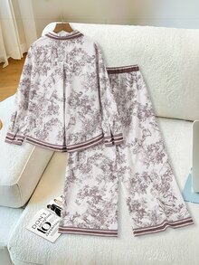 SHEIN 青少年女孩 2件/套 全身印花單排扣長袖襯衫與長褲休閒修身 Katseye 日常穿搭 秋冬返校白色 - 彩色 - 查看 3