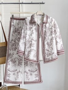 SHEIN 青少年女孩 2件/套 全身印花單排扣長袖襯衫與長褲休閒修身 Katseye 日常穿搭 秋冬返校白色 - 彩色 - 查看 4