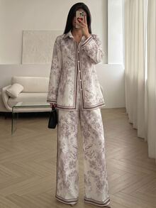 SHEIN 青少年女孩 2件/套 全身印花單排扣長袖襯衫與長褲休閒修身 Katseye 日常穿搭 秋冬返校白色 - 彩色 - 查看 6