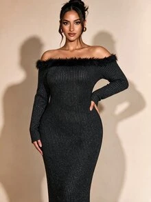 Cravure Gaun Wanita Ukuran Besar Musim Semi Musim Panas Musim Gugur Musim Dingin untuk Kencan, Pesta, Perjamuan, Lipit, Benang Metalik, Belahan, Kerut, Lengan Panjang, Model Lilitan - Hitam - View 3