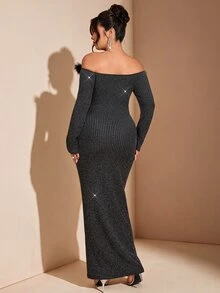 Cravure Gaun Wanita Ukuran Besar Musim Semi Musim Panas Musim Gugur Musim Dingin untuk Kencan, Pesta, Perjamuan, Lipit, Benang Metalik, Belahan, Kerut, Lengan Panjang, Model Lilitan - Hitam - View 5