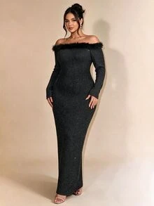 Cravure Gaun Wanita Ukuran Besar Musim Semi Musim Panas Musim Gugur Musim Dingin untuk Kencan, Pesta, Perjamuan, Lipit, Benang Metalik, Belahan, Kerut, Lengan Panjang, Model Lilitan - Hitam - View 1