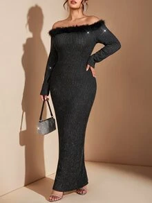 Cravure Gaun Wanita Ukuran Besar Musim Semi Musim Panas Musim Gugur Musim Dingin untuk Kencan, Pesta, Perjamuan, Lipit, Benang Metalik, Belahan, Kerut, Lengan Panjang, Model Lilitan - Hitam - View 4