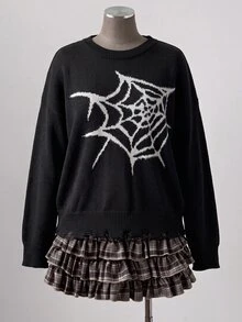 Linhara Plus Size Autumn/Winter Fashion Spider Web Pattern Sweater - Black and White - View 6