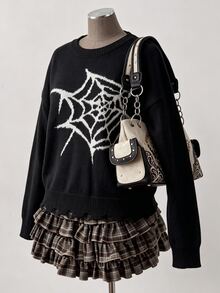 Linhara Plus Size Autumn/Winter Fashion Spider Web Pattern Sweater - Black and White - View 5