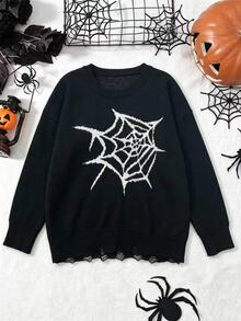Linhara Plus Size Autumn/Winter Fashion Spider Web Pattern Sweater - Black and White - View 2