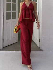 BiaLiraa Women's Romantic Spaghetti Strap Camisole With Waist Tie And Ruffle Trim, Paired With Textured Elastic Waist Pants, 2-Piece Set - Burgundy - View 7